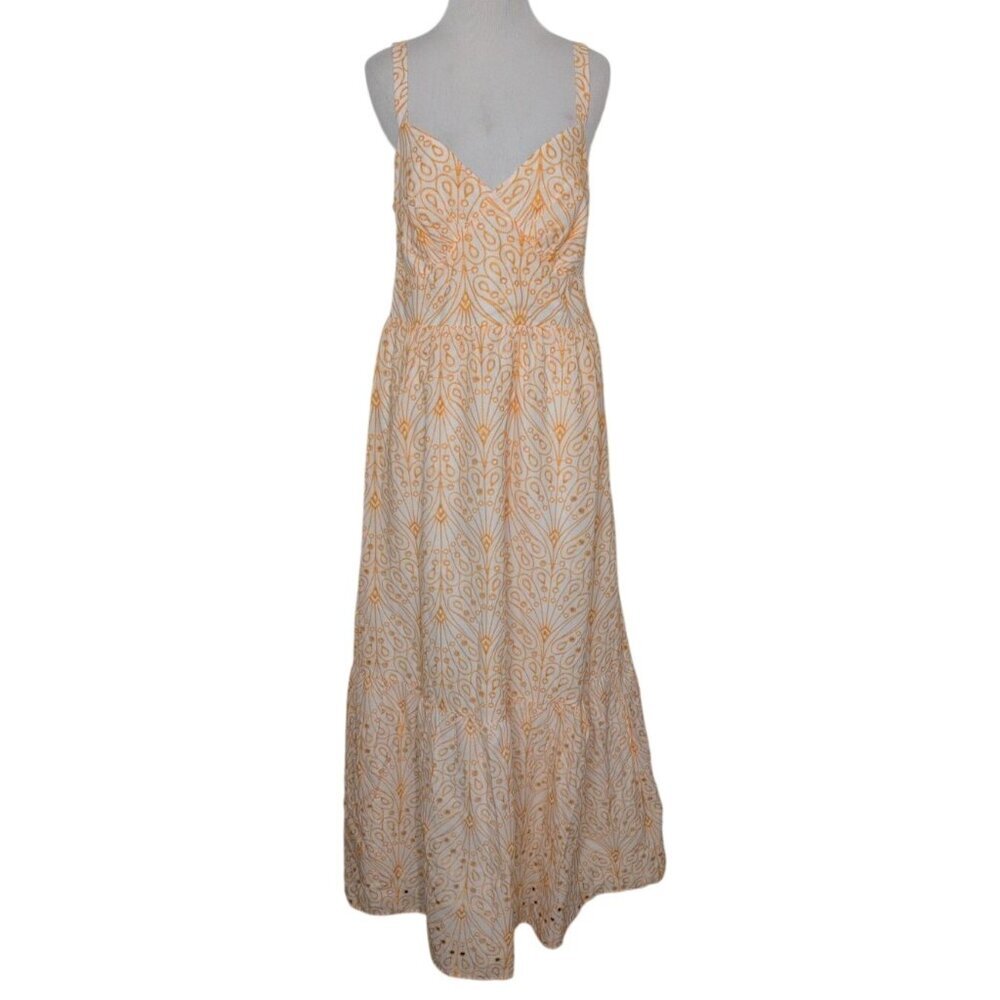 NEW LOFT Eyelet Embroidered Maxi Dress Womens Size 12 V Neck Tiered Open Back
